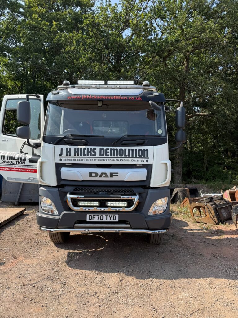 White DAF CF tipper in J H Hicks Demolition livery with newly fitted roof and bumper LED light bars