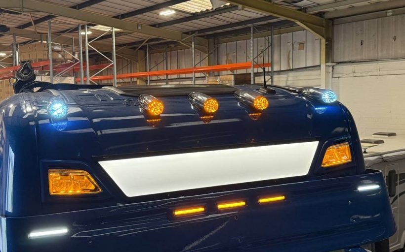 Lorry cab fitted with a new roof beacon bar and front work lights after an auto electrical installation